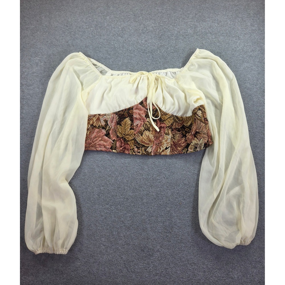Romwe Renaissance Tapestry Corset Crop Top Cream Chiffon Long Sleeve Blouse